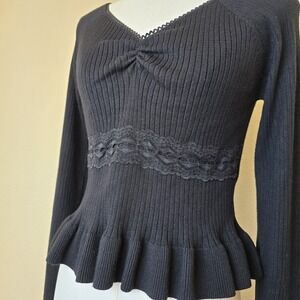 Women Sz M Rib Knit Peplum‎ Sweater Top VNeck Y2K Coquette Lace Fairy Grunge Emo